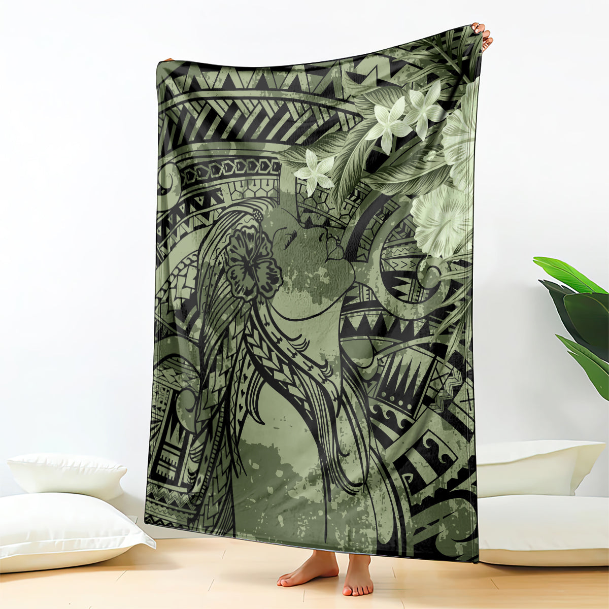 Pacific Beauty Girl Blanket Green Polyneisan Tribal Vintage Motif