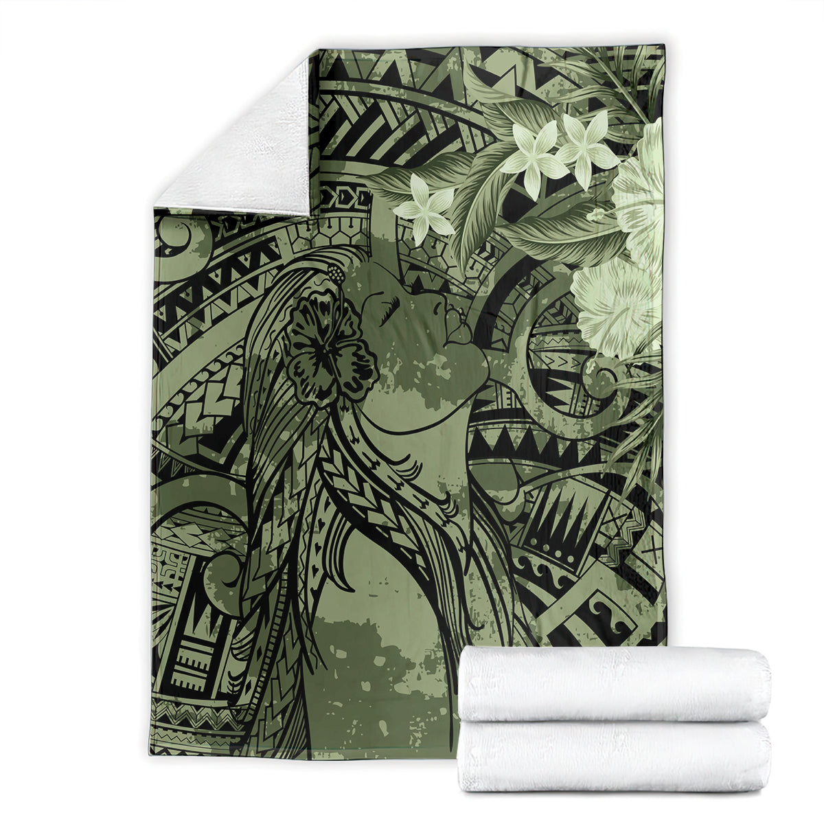 Pacific Beauty Girl Blanket Green Polyneisan Tribal Vintage Motif
