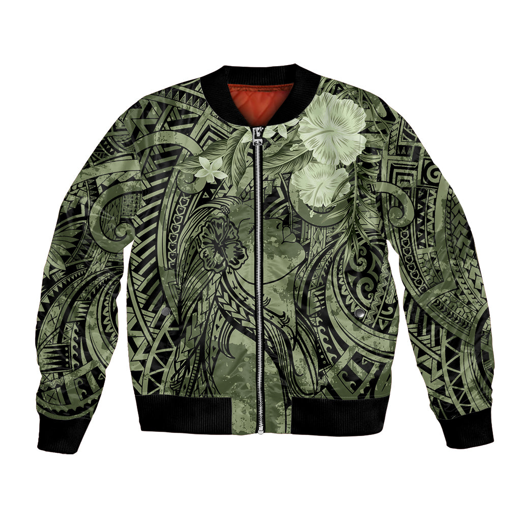Pacific Beauty Girl Bomber Jacket Green Polyneisan Tribal Vintage Motif