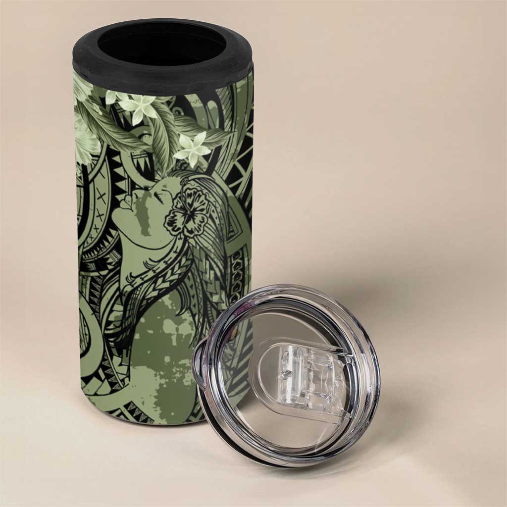 Pacific Beauty Girl 4 in 1 Can Cooler Tumbler Green Polyneisan Tribal Vintage Motif
