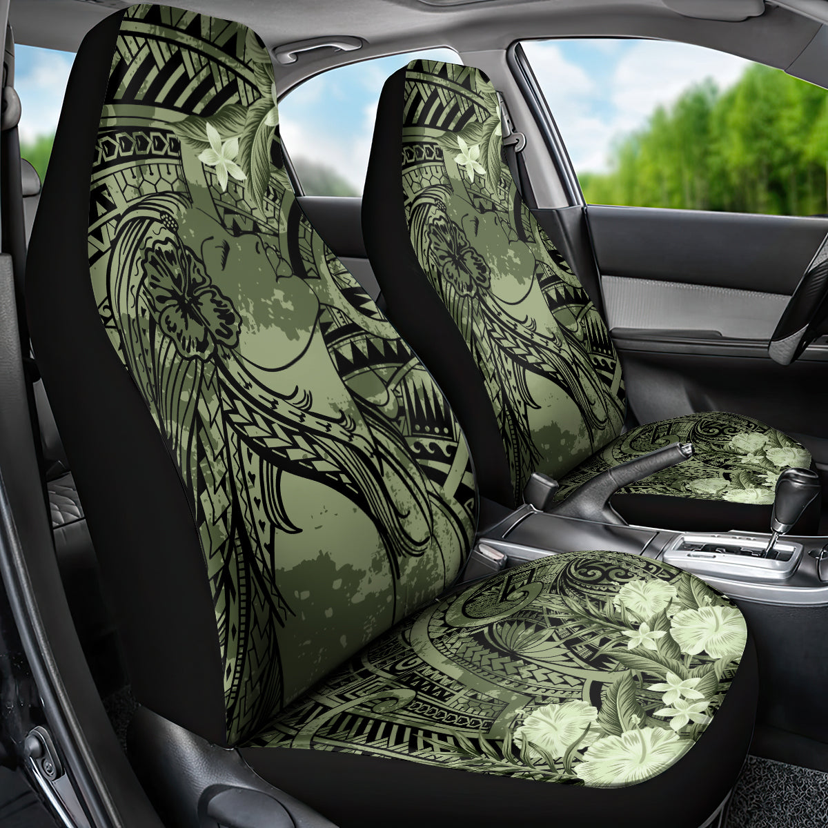 Pacific Beauty Girl Car Seat Cover Green Polyneisan Tribal Vintage Motif