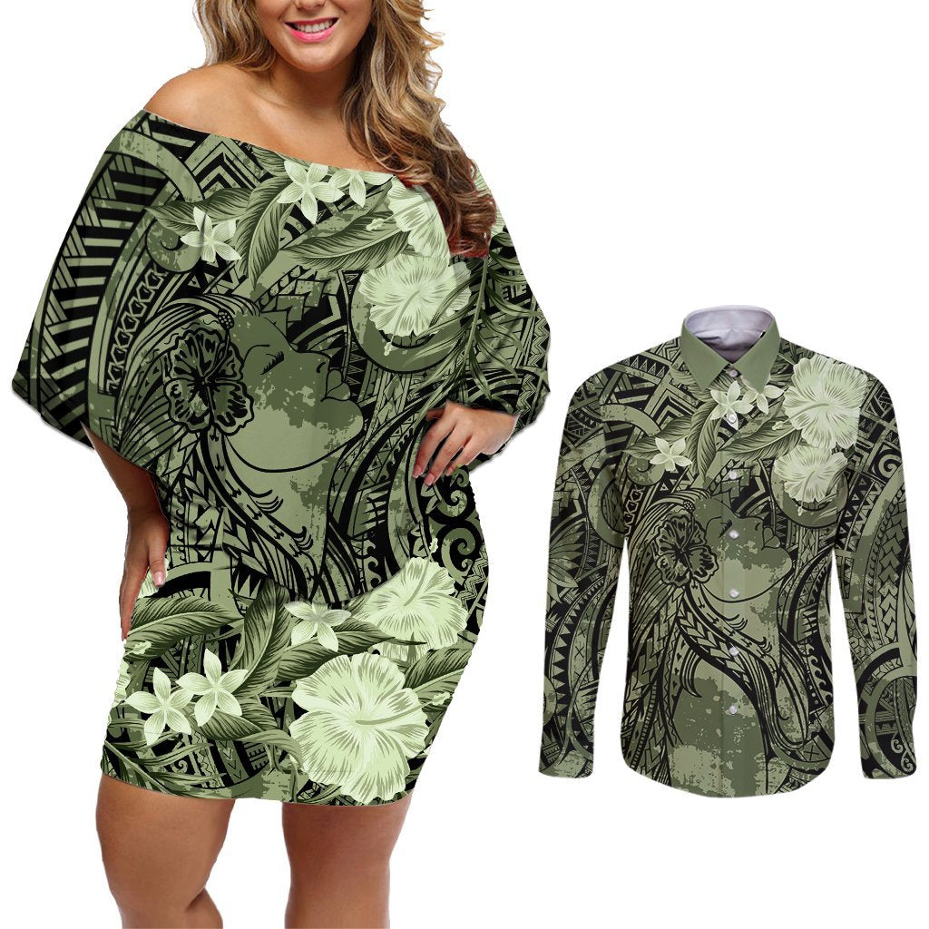 Pacific Beauty Girl Couples Matching Off Shoulder Short Dress and Long Sleeve Button Shirt Green Polyneisan Tribal Vintage Motif LT9 Green - Polynesian Pride