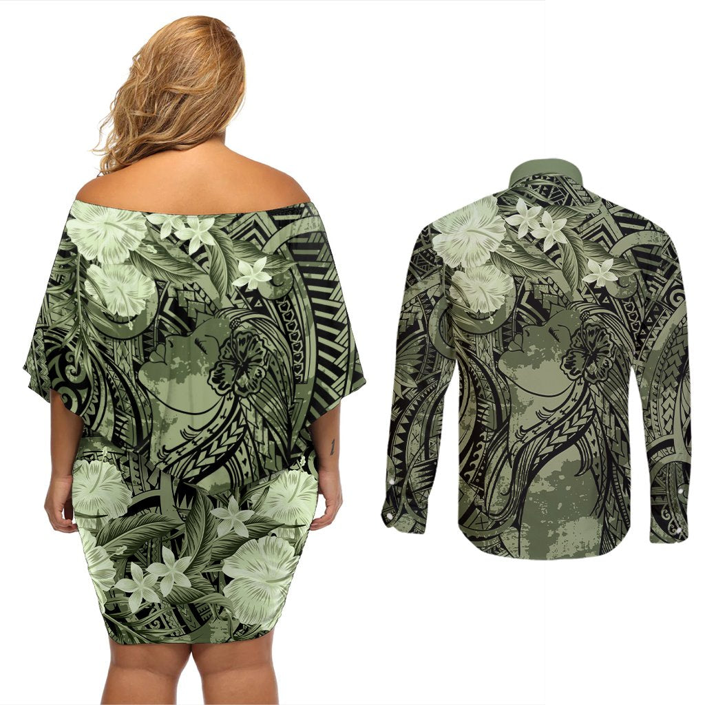 Pacific Beauty Girl Couples Matching Off Shoulder Short Dress and Long Sleeve Button Shirt Green Polyneisan Tribal Vintage Motif