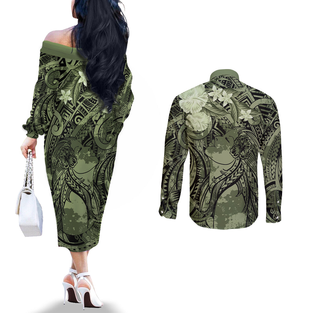 Pacific Beauty Girl Couples Matching Off The Shoulder Long Sleeve Dress and Long Sleeve Button Shirt Green Polyneisan Tribal Vintage Motif