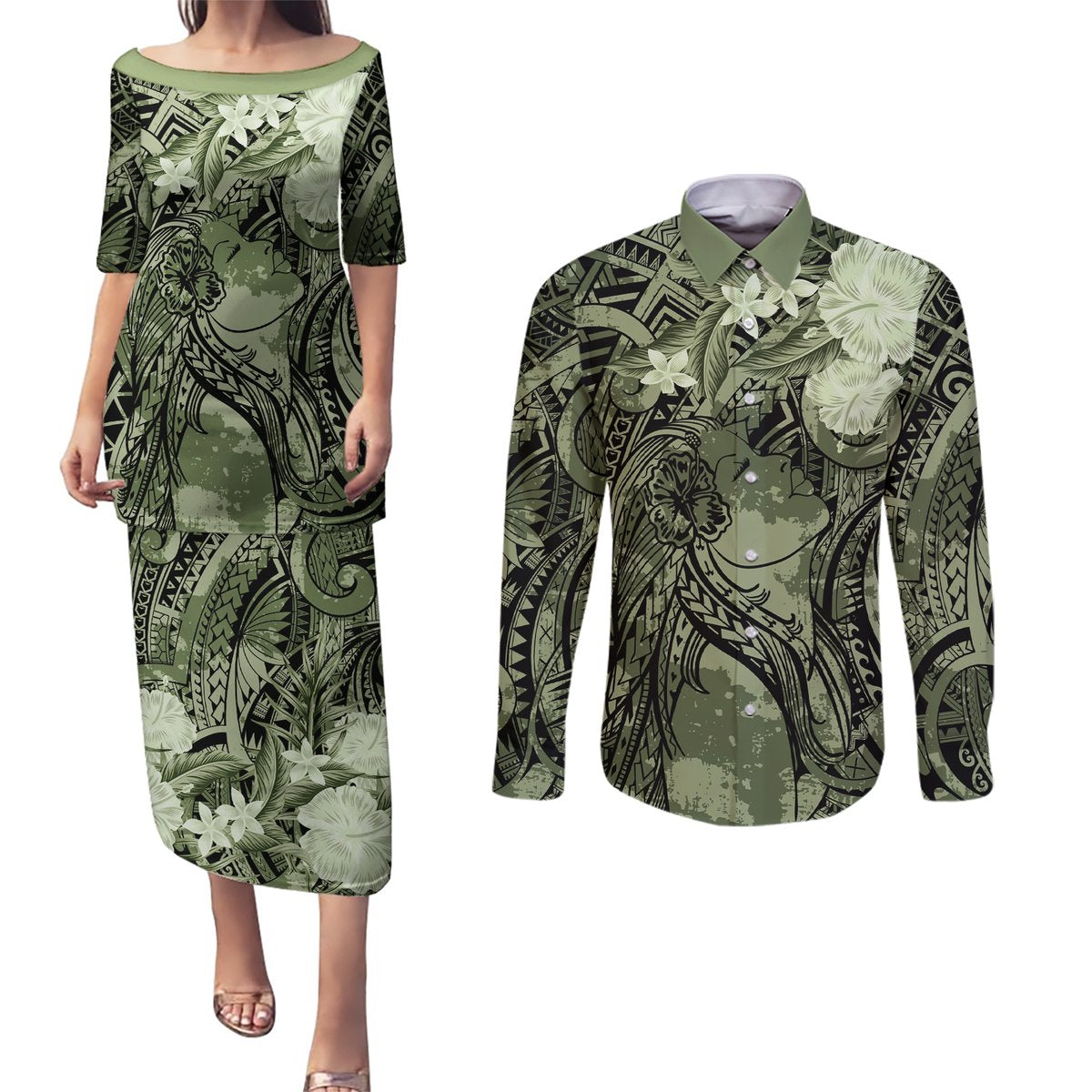 Pacific Beauty Girl Couples Matching Puletasi and Long Sleeve Button Shirt Green Polyneisan Tribal Vintage Motif LT9 Green - Polynesian Pride