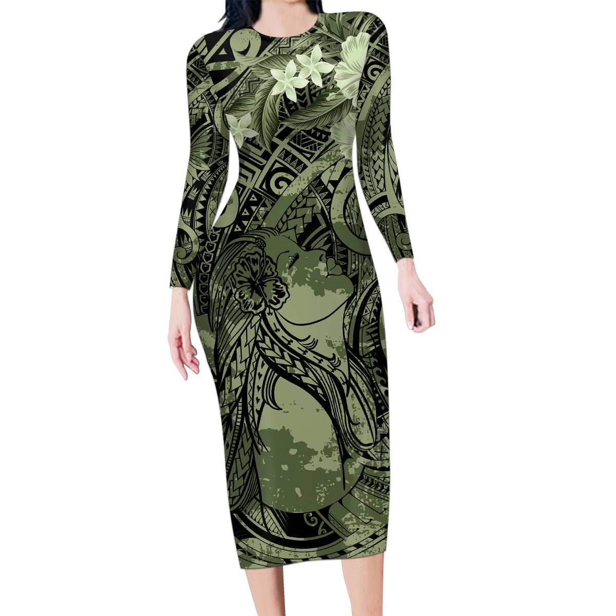 Pacific Beauty Girl Family Matching Long Sleeve Bodycon Dress and Hawaiian Shirt Green Polyneisan Tribal Vintage Motif