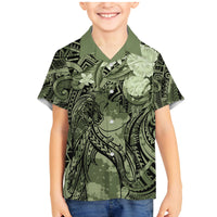 Pacific Beauty Girl Family Matching Mermaid Dress and Hawaiian Shirt Green Polyneisan Tribal Vintage Motif