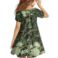Pacific Beauty Girl Family Matching Short Sleeve Bodycon Dress and Hawaiian Shirt Green Polyneisan Tribal Vintage Motif