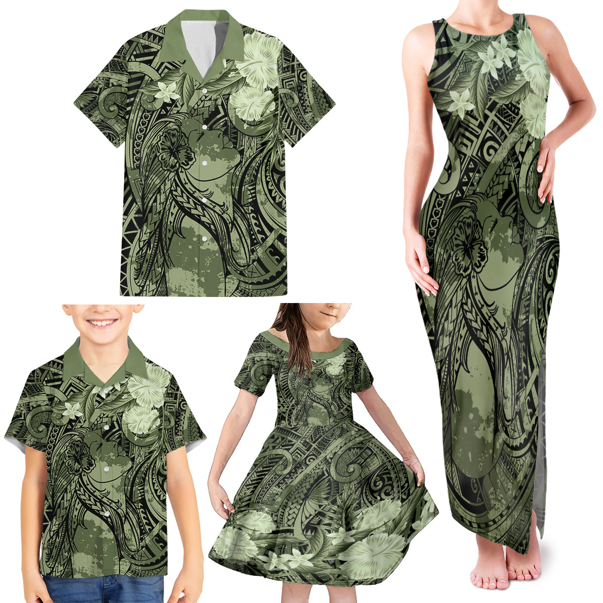 Pacific Beauty Girl Family Matching Tank Maxi Dress and Hawaiian Shirt Green Polyneisan Tribal Vintage Motif