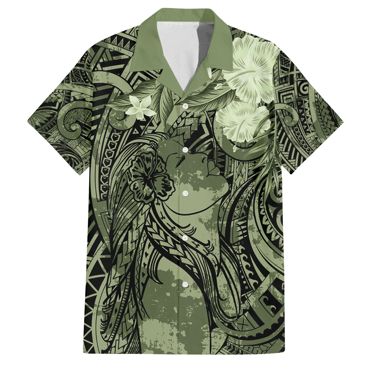 Pacific Beauty Girl Family Matching Tank Maxi Dress and Hawaiian Shirt Green Polyneisan Tribal Vintage Motif