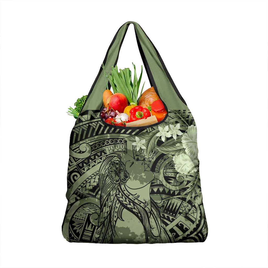 Pacific Beauty Girl Grocery Bag Green Polyneisan Tribal Vintage Motif