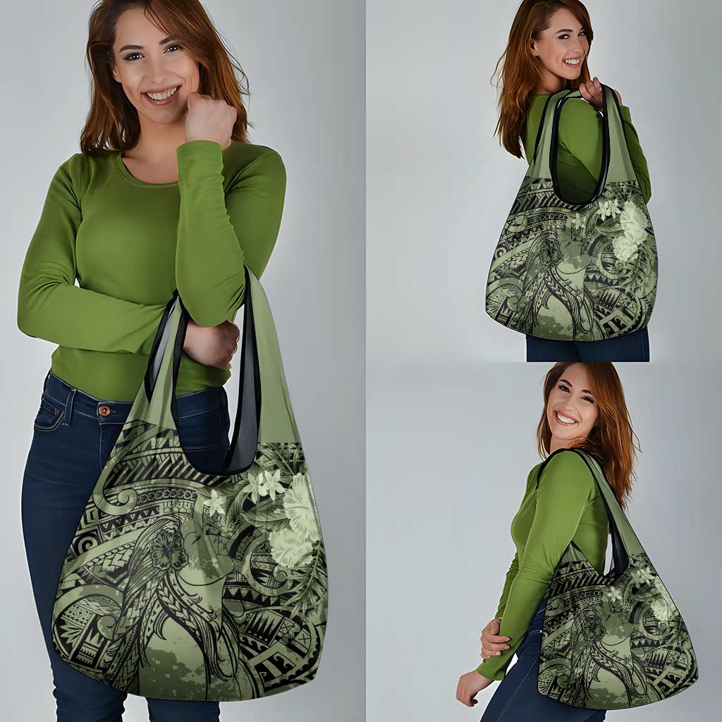 Pacific Beauty Girl Grocery Bag Green Polyneisan Tribal Vintage Motif