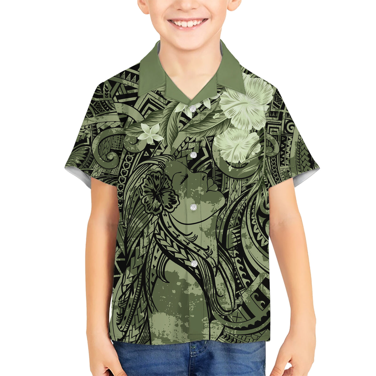 Pacific Beauty Girl Kid Hawaiian Shirt Green Polyneisan Tribal Vintage Motif LT9 Kid Green - Polynesian Pride