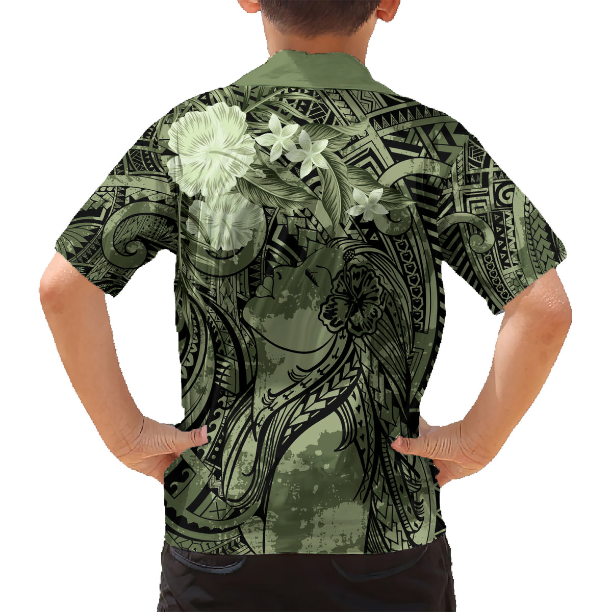 Pacific Beauty Girl Kid Hawaiian Shirt Green Polyneisan Tribal Vintage Motif LT9 - Polynesian Pride