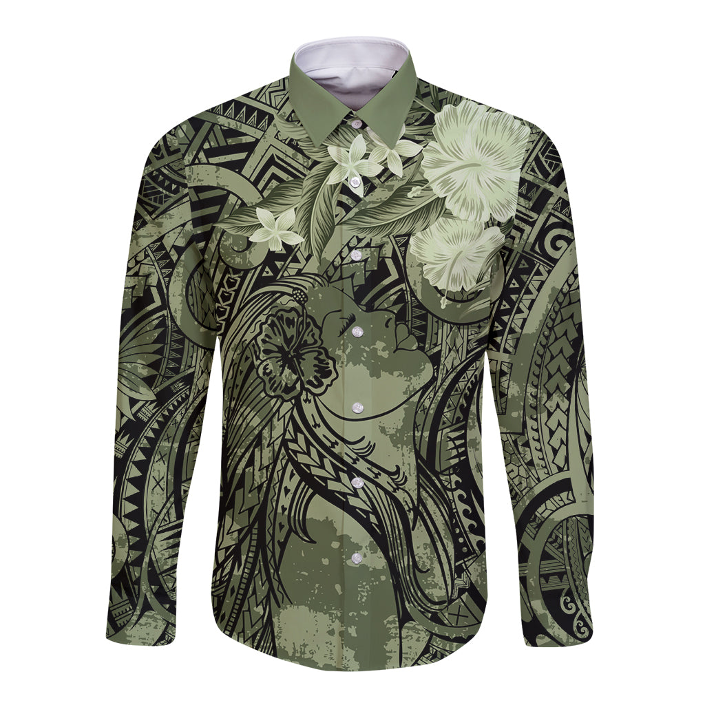Pacific Beauty Girl Long Sleeve Button Shirt Green Polyneisan Tribal Vintage Motif LT9 Unisex Green - Polynesian Pride