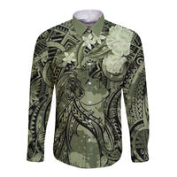 Pacific Beauty Girl Long Sleeve Button Shirt Green Polyneisan Tribal Vintage Motif LT9 Unisex Green - Polynesian Pride