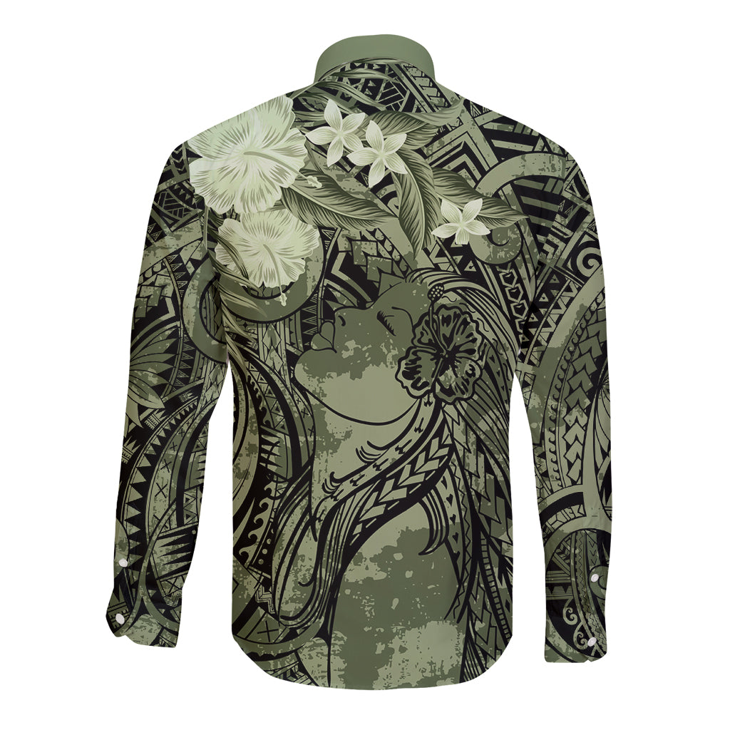 Pacific Beauty Girl Long Sleeve Button Shirt Green Polyneisan Tribal Vintage Motif LT9 - Polynesian Pride