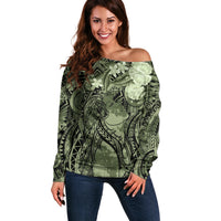 Pacific Beauty Girl Off Shoulder Sweater Green Polyneisan Tribal Vintage Motif LT9 Women Green - Polynesian Pride