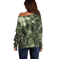 Pacific Beauty Girl Off Shoulder Sweater Green Polyneisan Tribal Vintage Motif LT9 - Polynesian Pride