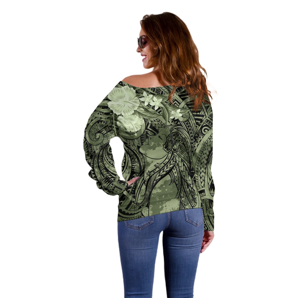 Pacific Beauty Girl Off Shoulder Sweater Green Polyneisan Tribal Vintage Motif LT9 - Polynesian Pride