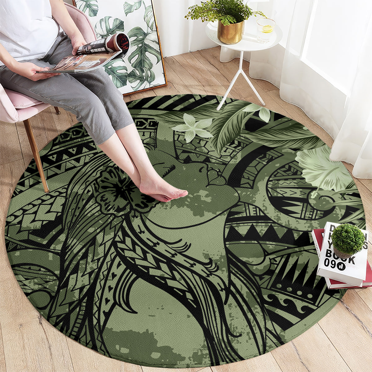 Pacific Beauty Girl Round Carpet Green Polyneisan Tribal Vintage Motif LT9 - Polynesian Pride