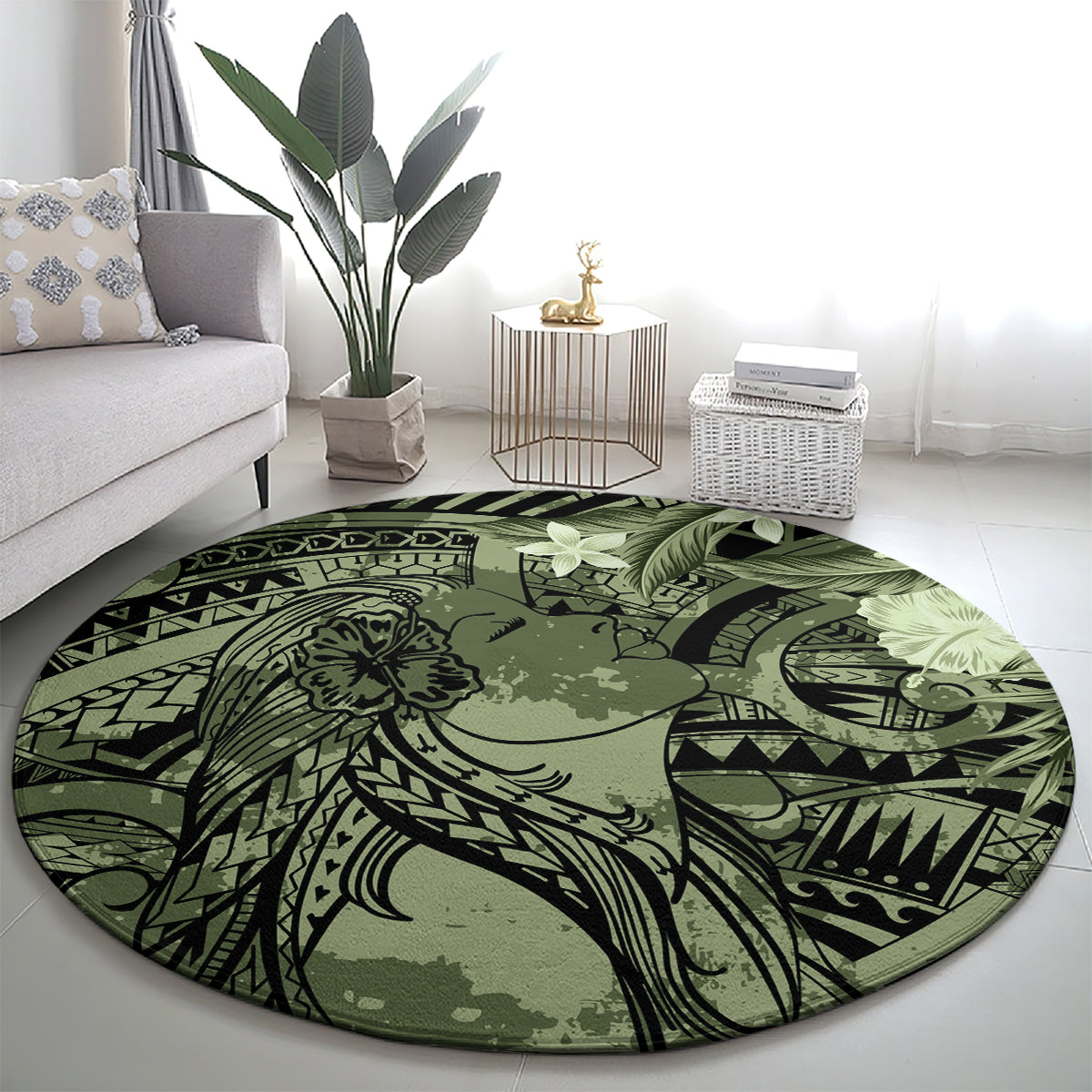 Pacific Beauty Girl Round Carpet Green Polyneisan Tribal Vintage Motif LT9 - Polynesian Pride