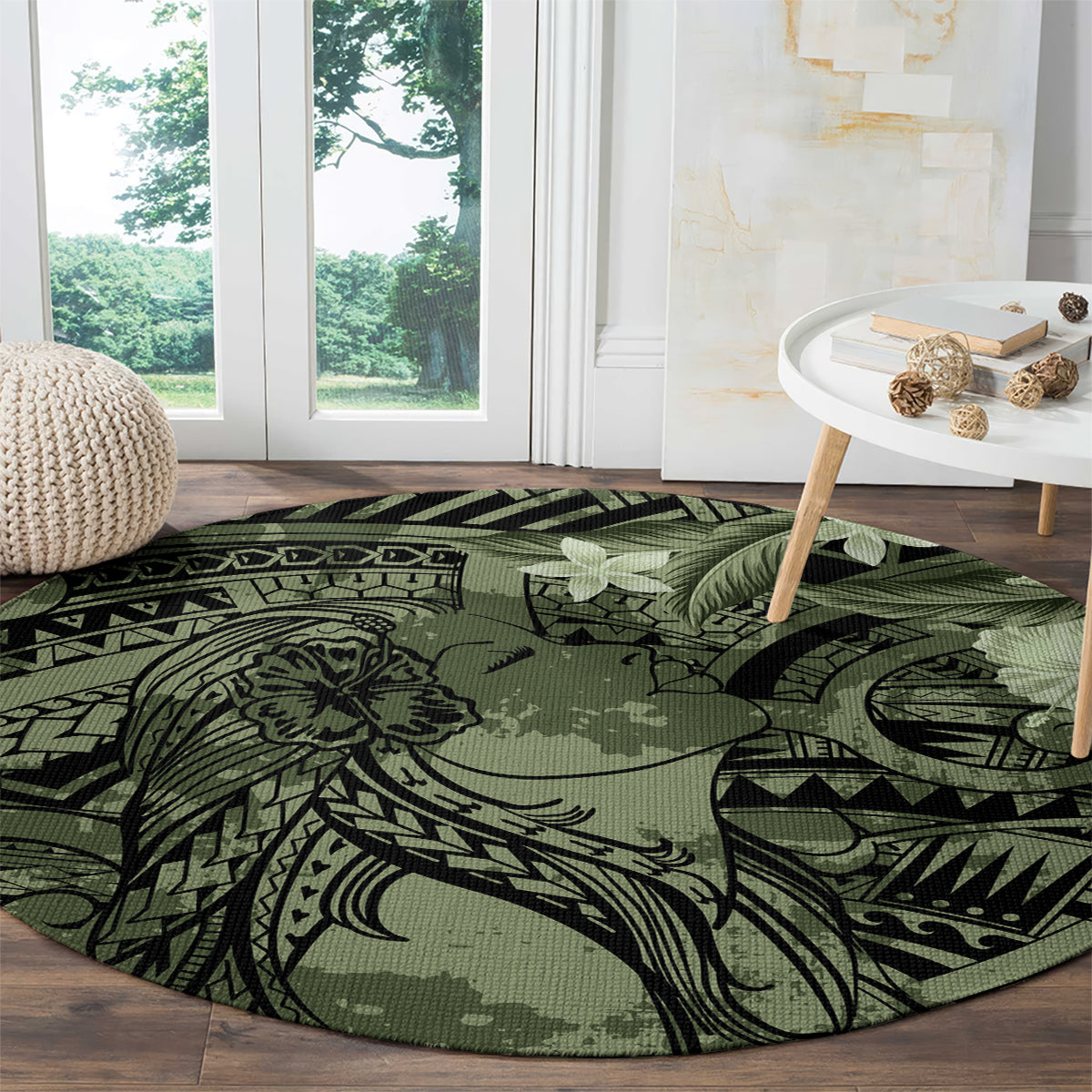 Pacific Beauty Girl Round Carpet Green Polyneisan Tribal Vintage Motif LT9 - Polynesian Pride