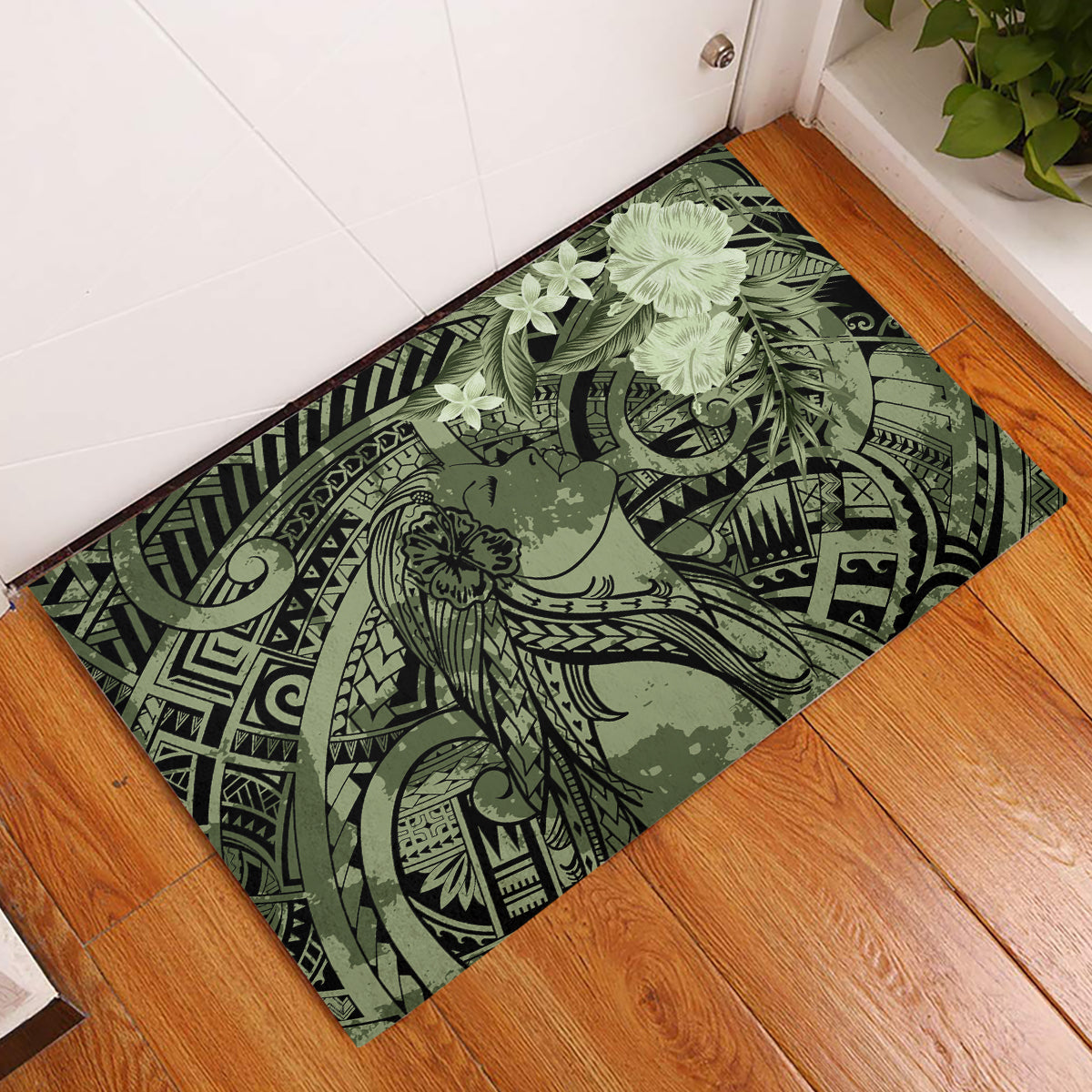 Pacific Beauty Girl Rubber Doormat Green Polyneisan Tribal Vintage Motif