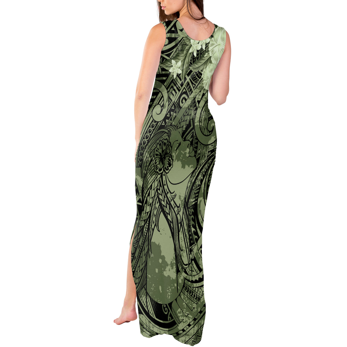 Pacific Beauty Girl Tank Maxi Dress Green Polyneisan Tribal Vintage Motif