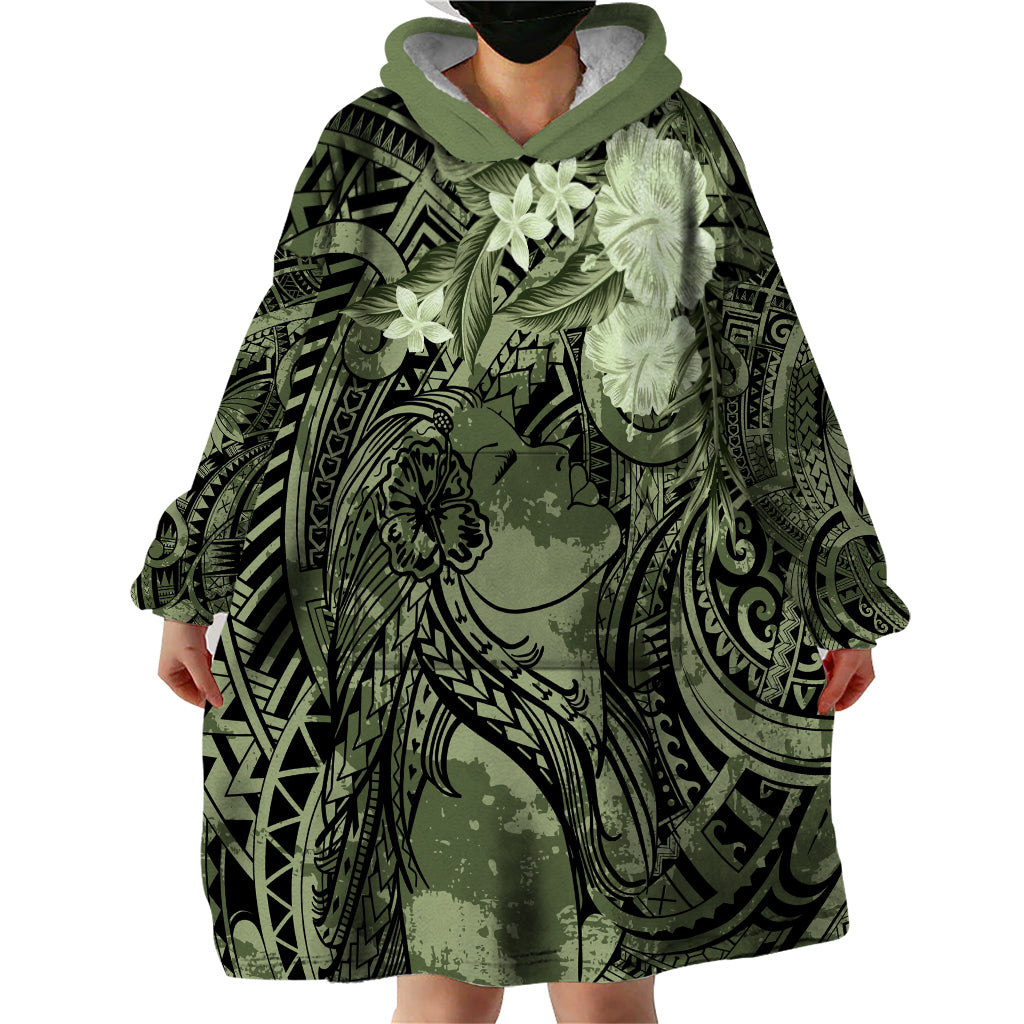 Pacific Beauty Girl Wearable Blanket Hoodie Green Polyneisan Tribal Vintage Motif