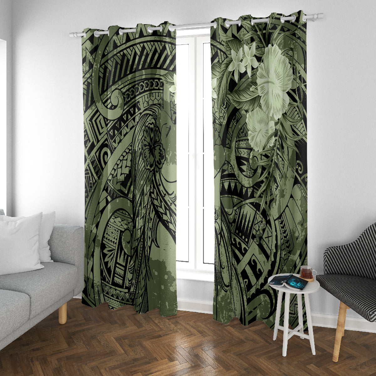 Pacific Beauty Girl Window Curtain Green Polyneisan Tribal Vintage Motif