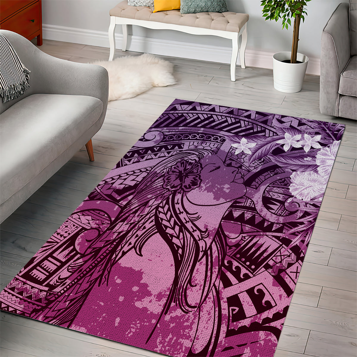 Pacific Beauty Girl Area Rug Pink Polyneisan Tribal Vintage Motif