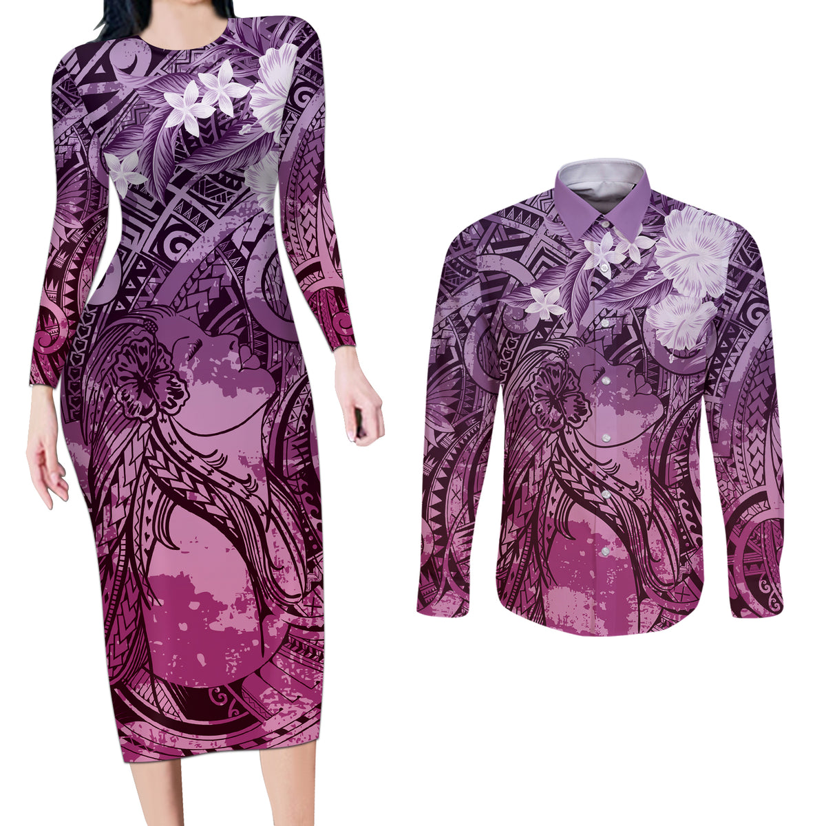 Pacific Beauty Girl Couples Matching Long Sleeve Bodycon Dress and Long Sleeve Button Shirt Pink Polyneisan Tribal Vintage Motif