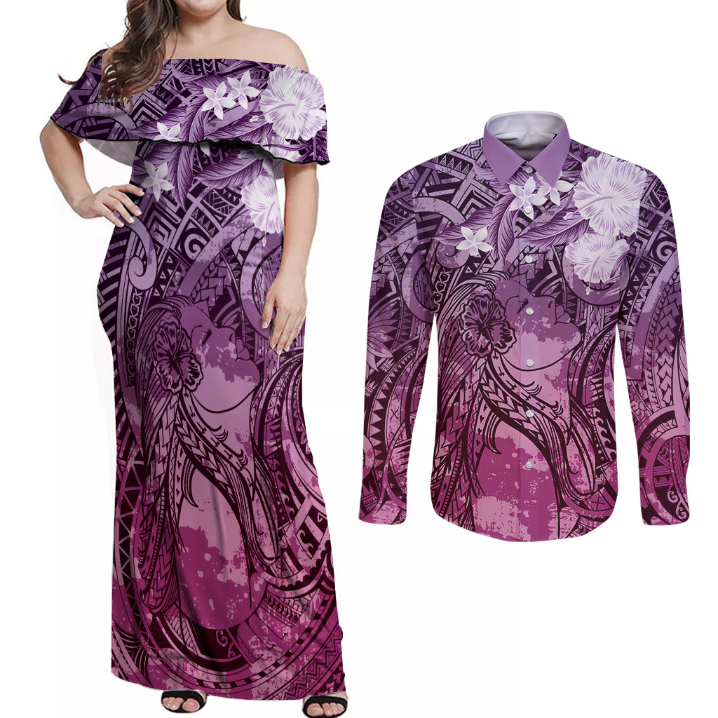 Pacific Beauty Girl Couples Matching Off Shoulder Maxi Dress and Long Sleeve Button Shirt Pink Polyneisan Tribal Vintage Motif