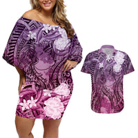 Pacific Beauty Girl Couples Matching Off Shoulder Short Dress and Hawaiian Shirt Pink Polyneisan Tribal Vintage Motif