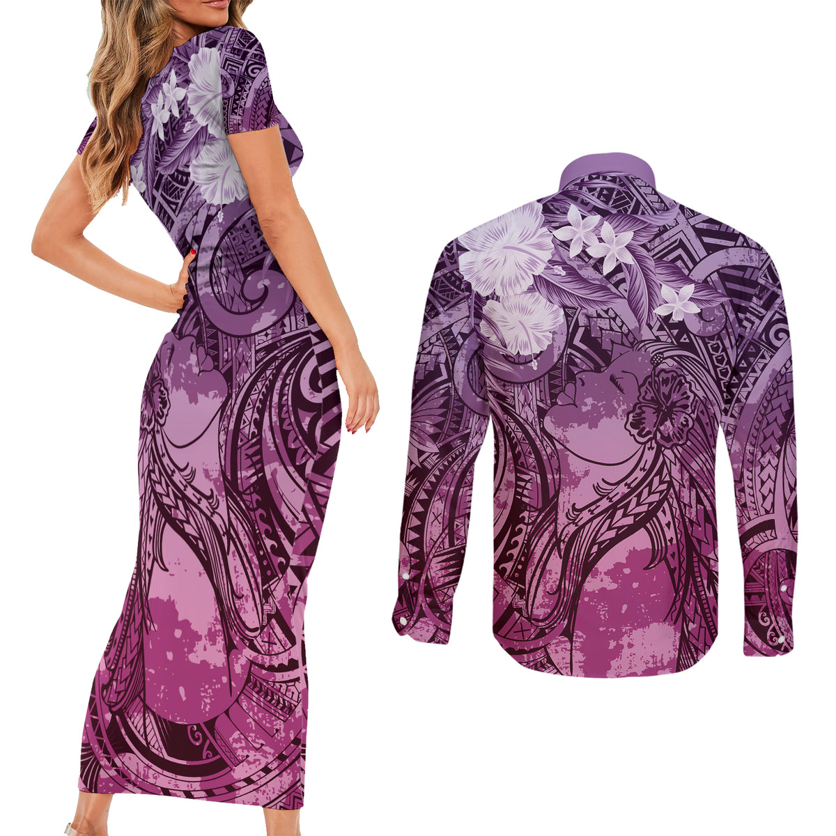 Pacific Beauty Girl Couples Matching Short Sleeve Bodycon Dress and Long Sleeve Button Shirt Pink Polyneisan Tribal Vintage Motif