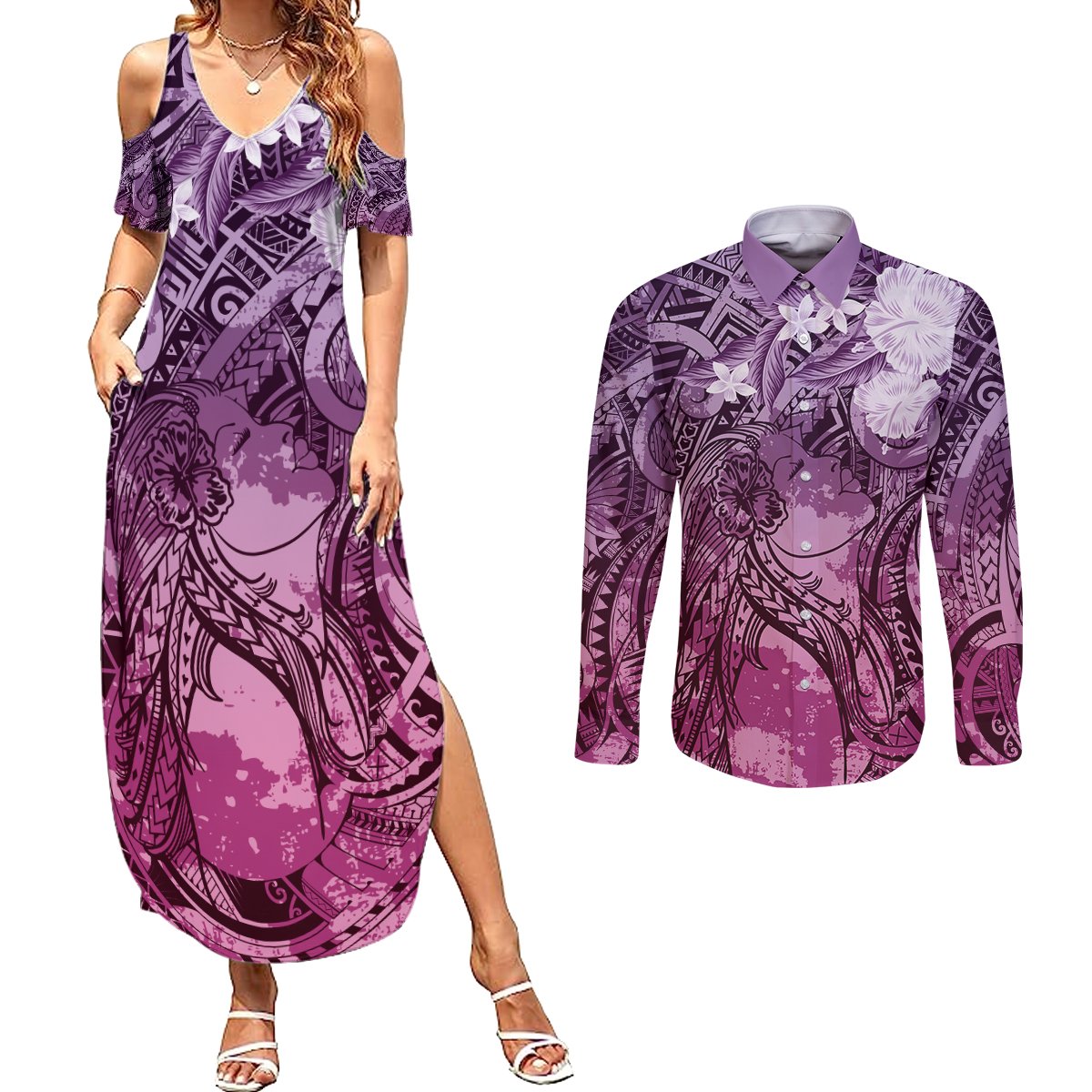 Pacific Beauty Girl Couples Matching Summer Maxi Dress and Long Sleeve Button Shirt Pink Polyneisan Tribal Vintage Motif