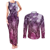 Pacific Beauty Girl Couples Matching Tank Maxi Dress and Long Sleeve Button Shirt Pink Polyneisan Tribal Vintage Motif