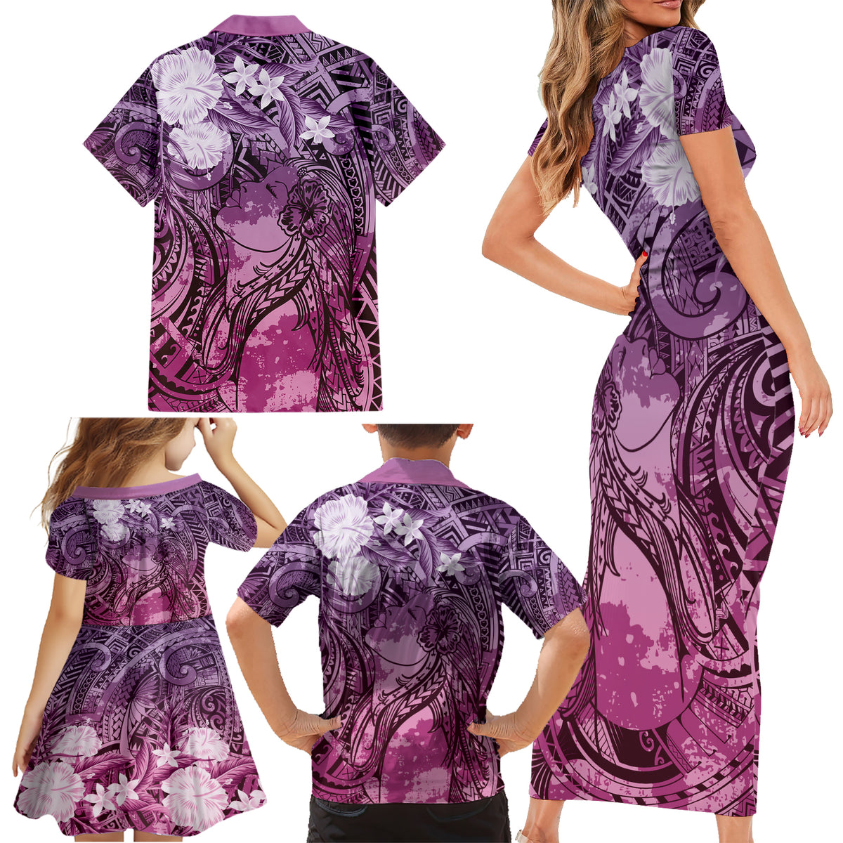 Pacific Beauty Girl Family Matching Short Sleeve Bodycon Dress and Hawaiian Shirt Pink Polyneisan Tribal Vintage Motif