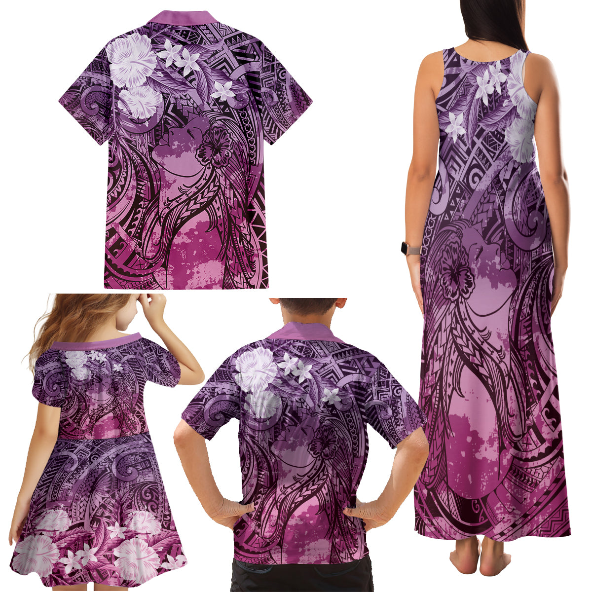 Pacific Beauty Girl Family Matching Tank Maxi Dress and Hawaiian Shirt Pink Polyneisan Tribal Vintage Motif