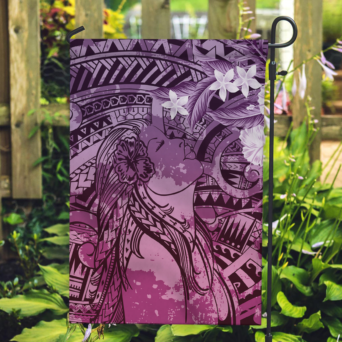 Pacific Beauty Girl Garden Flag Pink Polyneisan Tribal Vintage Motif