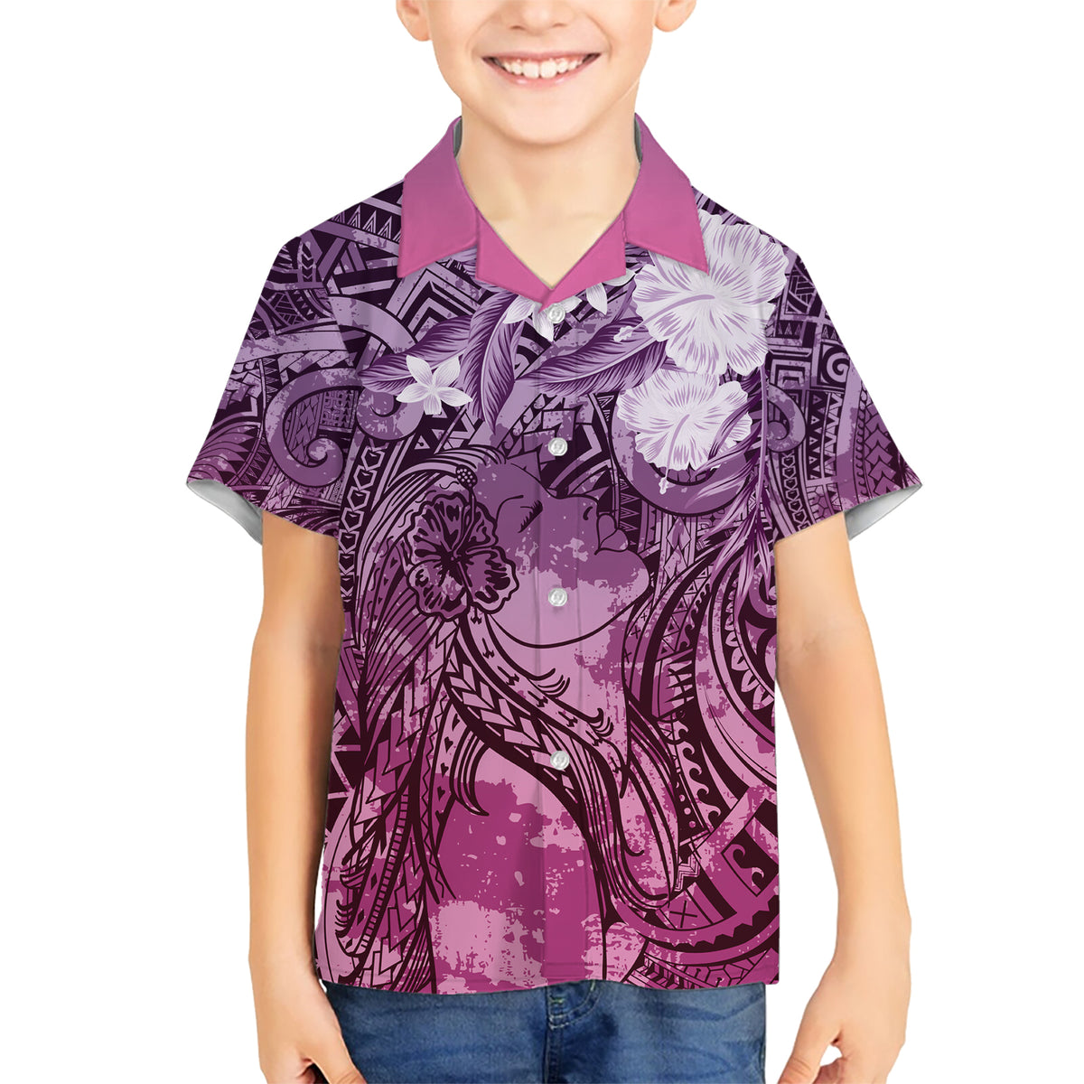 Pacific Beauty Girl Kid Hawaiian Shirt Pink Polyneisan Tribal Vintage Motif LT9 Kid Pink - Polynesian Pride