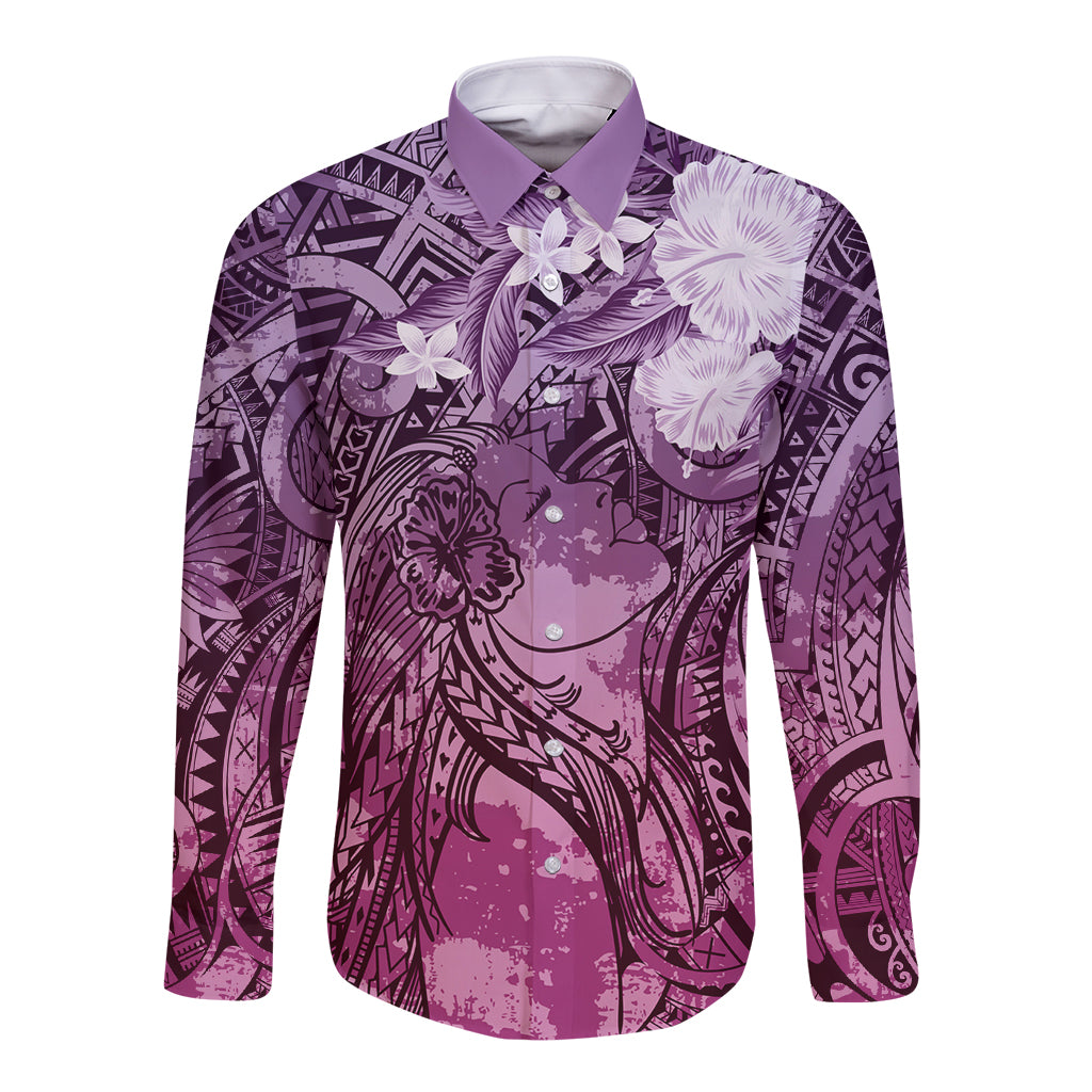 Pacific Beauty Girl Long Sleeve Button Shirt Pink Polyneisan Tribal Vintage Motif LT9 Unisex Pink - Polynesian Pride