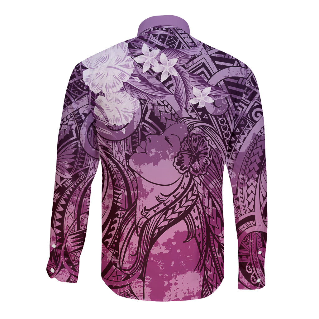 Pacific Beauty Girl Long Sleeve Button Shirt Pink Polyneisan Tribal Vintage Motif LT9 - Polynesian Pride