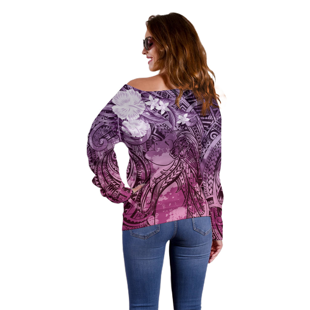 Pacific Beauty Girl Off Shoulder Sweater Pink Polyneisan Tribal Vintage Motif LT9 - Polynesian Pride