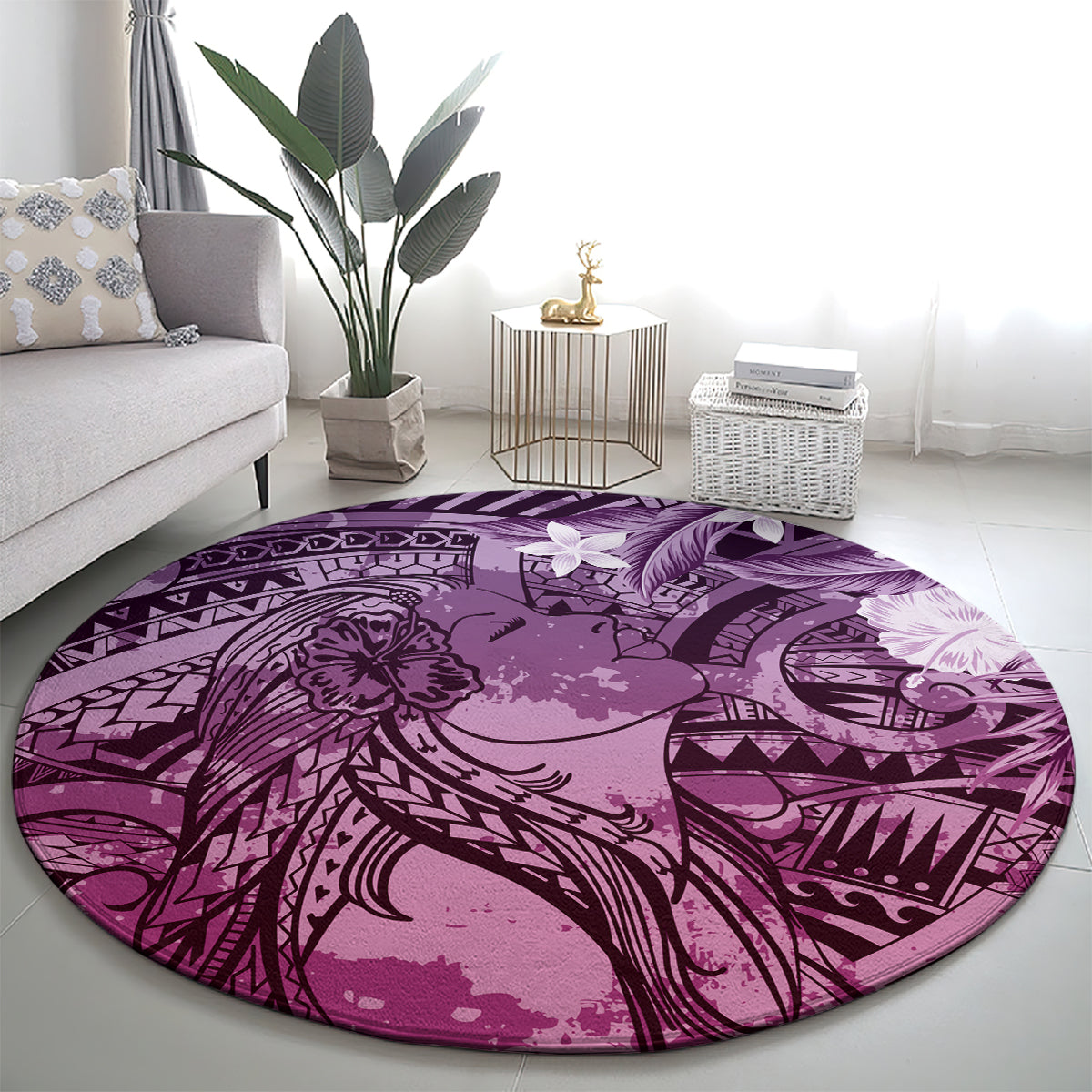 Pacific Beauty Girl Round Carpet Pink Polyneisan Tribal Vintage Motif LT9 - Polynesian Pride