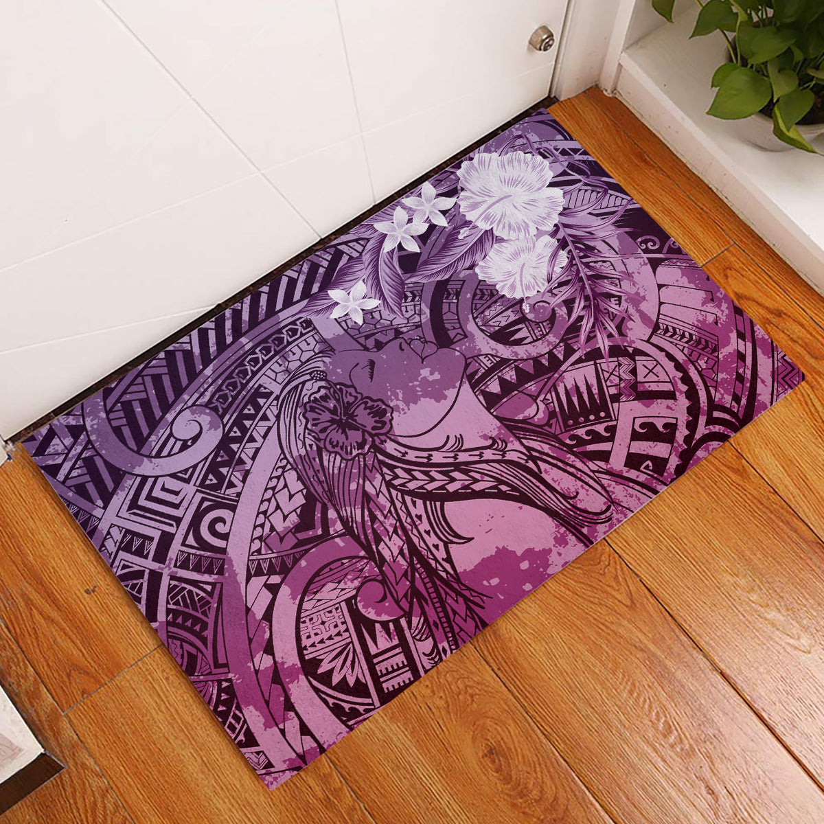 Pacific Beauty Girl Rubber Doormat Pink Polyneisan Tribal Vintage Motif