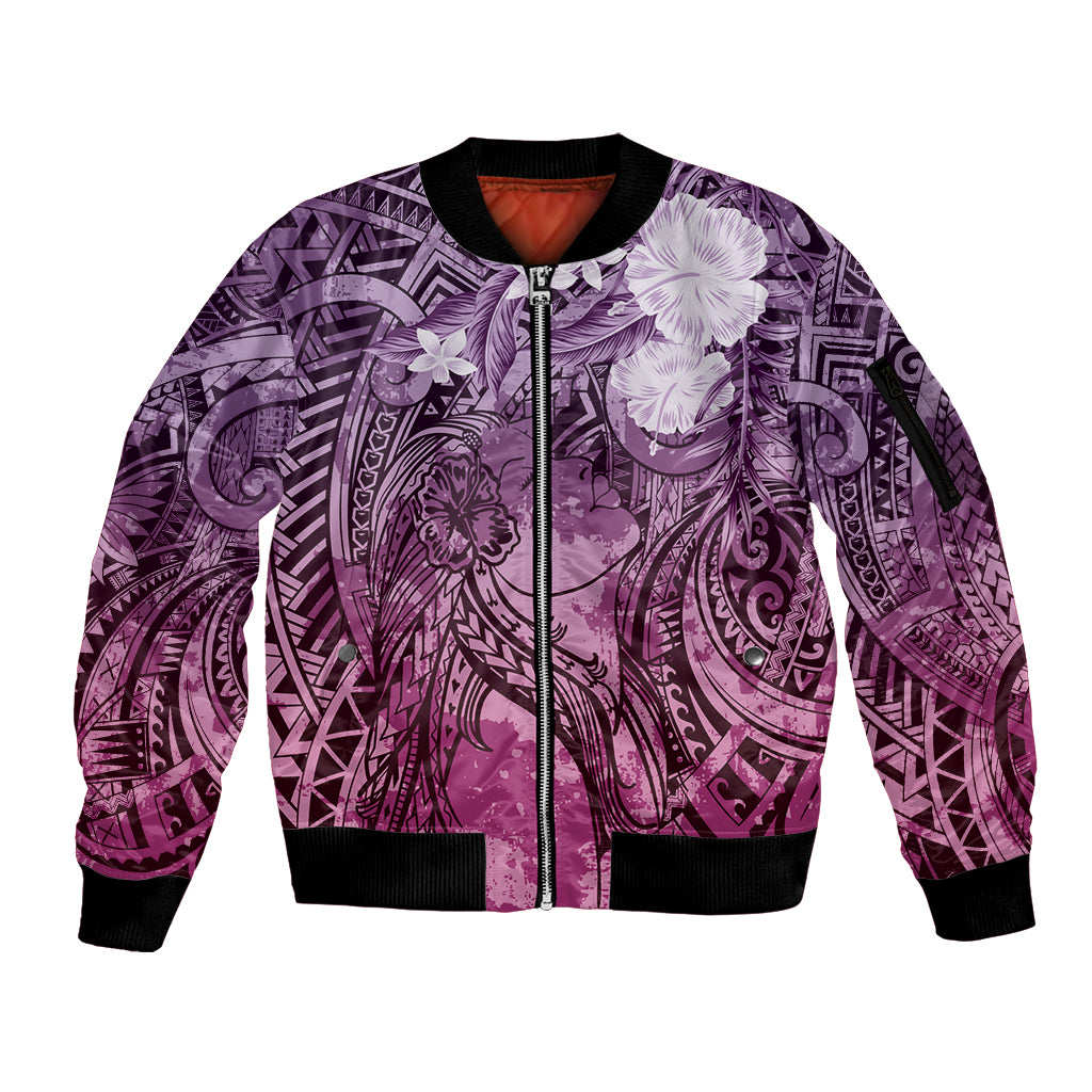 Pacific Beauty Girl Sleeve Zip Bomber Jacket Pink Polyneisan Tribal Vintage Motif