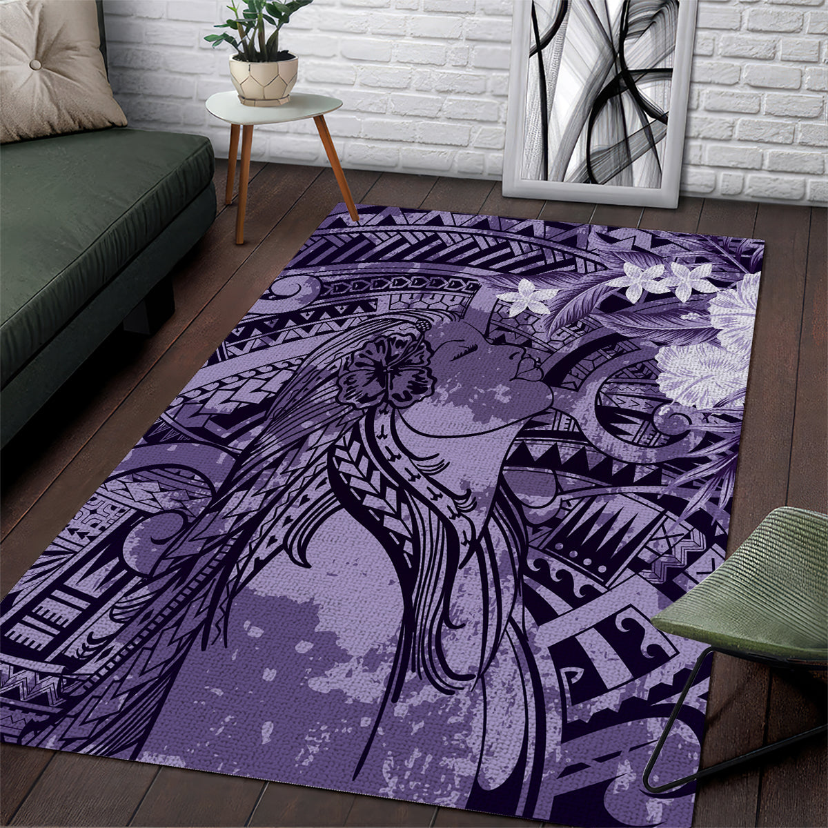 Pacific Beauty Girl Area Rug Violet Polyneisan Tribal Vintage Motif