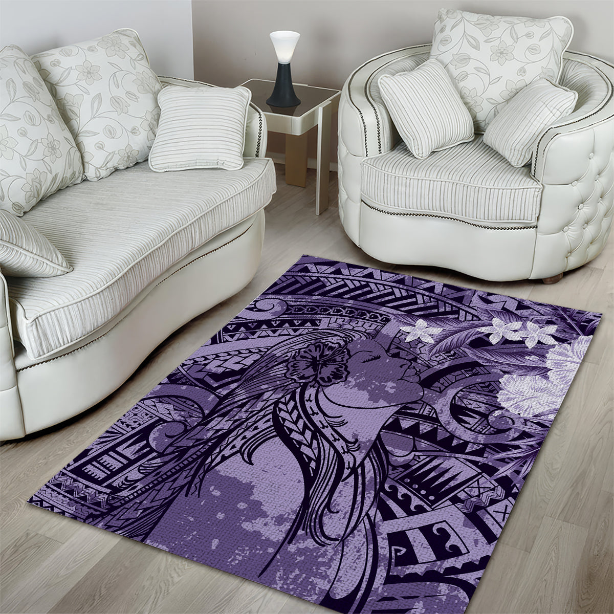 Pacific Beauty Girl Area Rug Violet Polyneisan Tribal Vintage Motif